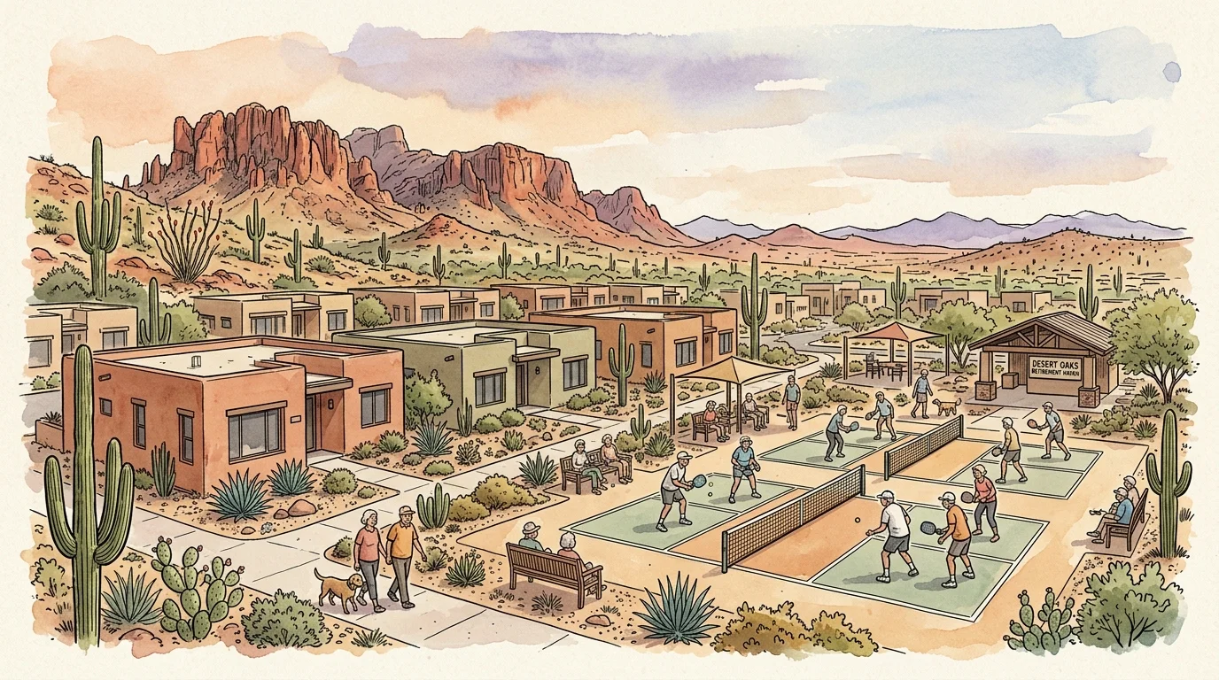 Watercolor illustration of a desert retirement community with seniors playing pickleball near adobe homes and red mountains.