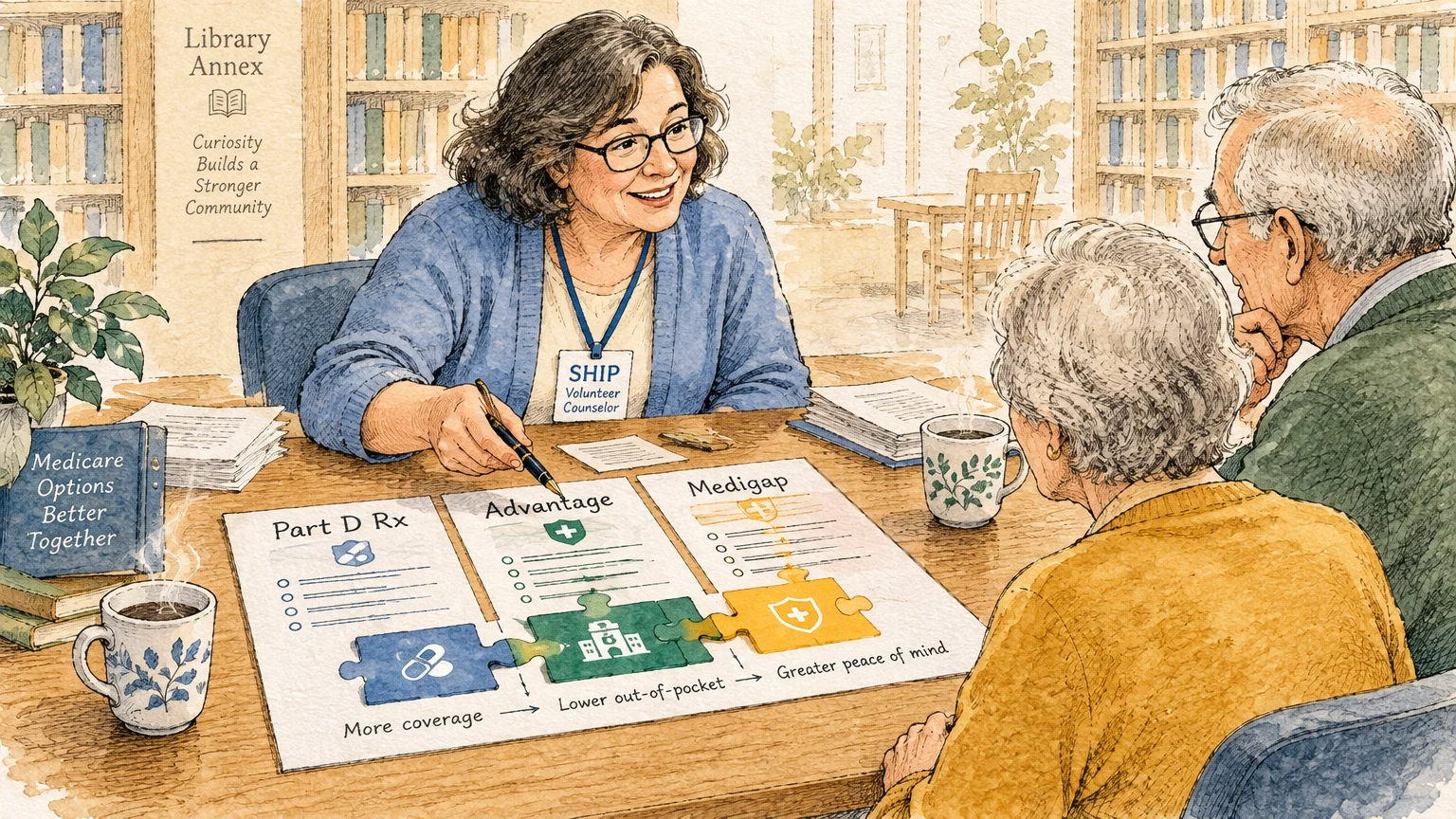 Illustration of a smiling SHIP counselor at a library desk explaining Medicare options to an older couple.