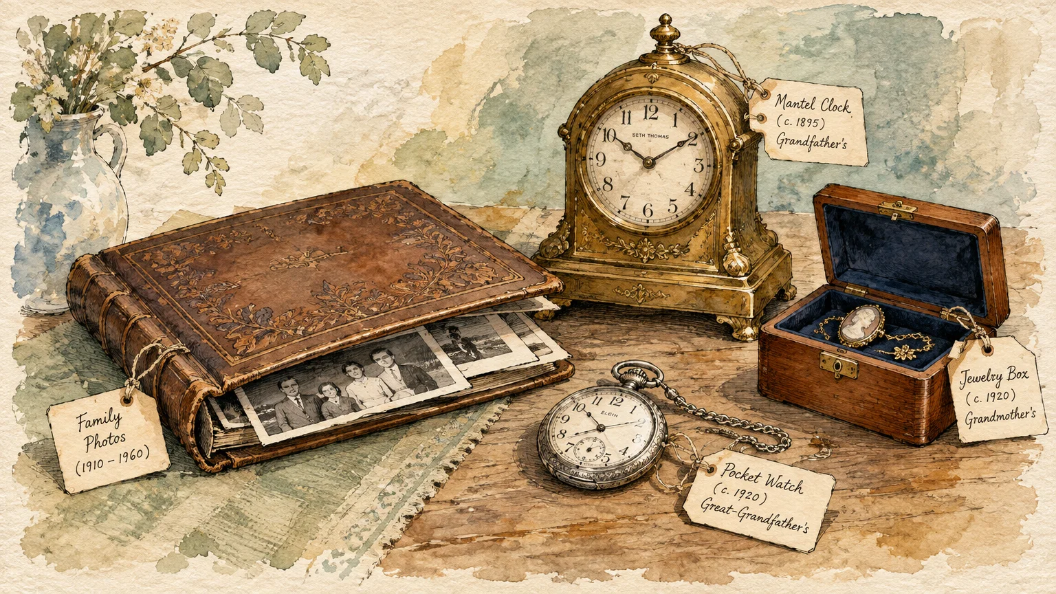 Watercolor illustration of tagged family heirlooms including a leather photo album, mantel clock, pocket watch, and jewelry box.