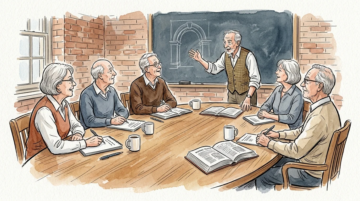 Watercolor illustration of older adults gathered around a seminar table listening to a standing instructor.