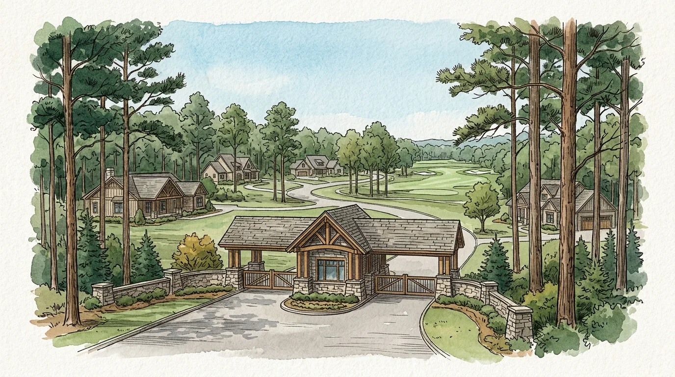 Watercolor illustration of a stone and timber gated community entrance leading to houses, pine trees, and a golf course.