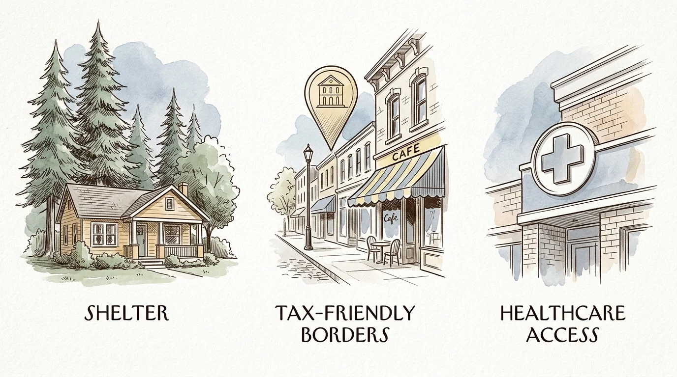 Three watercolor sketches labeled Shelter, Tax-Friendly Borders, and Healthcare Access showing a house, street, and clinic.