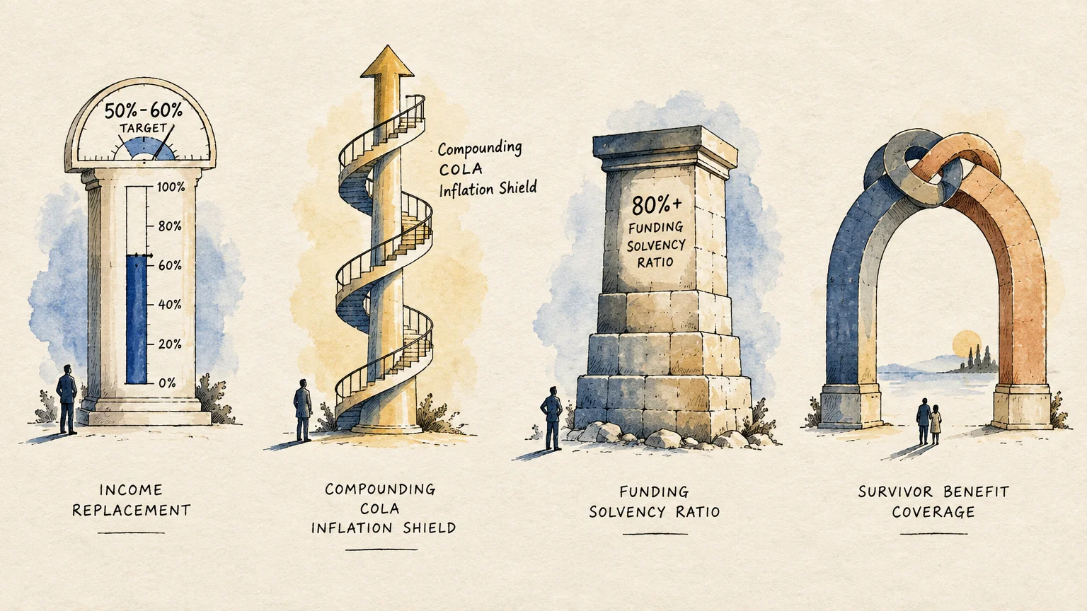 Four architectural monuments illustrating pension benchmarks: a meter, spiral column, stone base, and knotted archway.