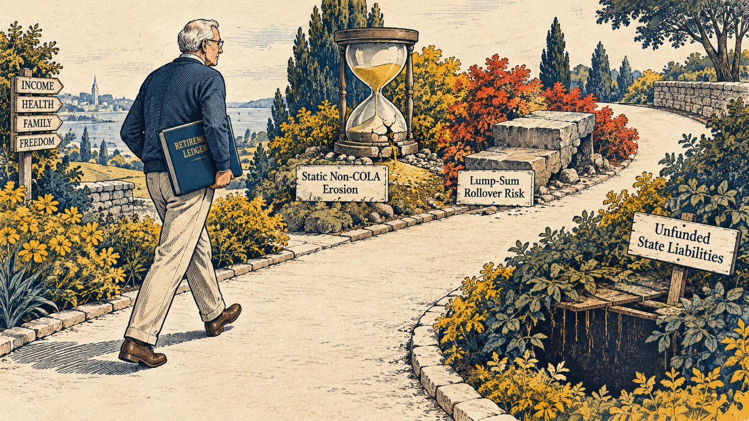 Illustration of an older man walking a path lined with signs for retirement risks and a cracked hourglass.