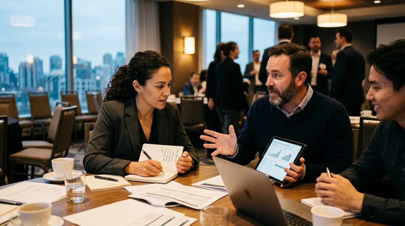 Colleagues discuss data on a tablet and take notes around a conference table with city skyline views behind them.