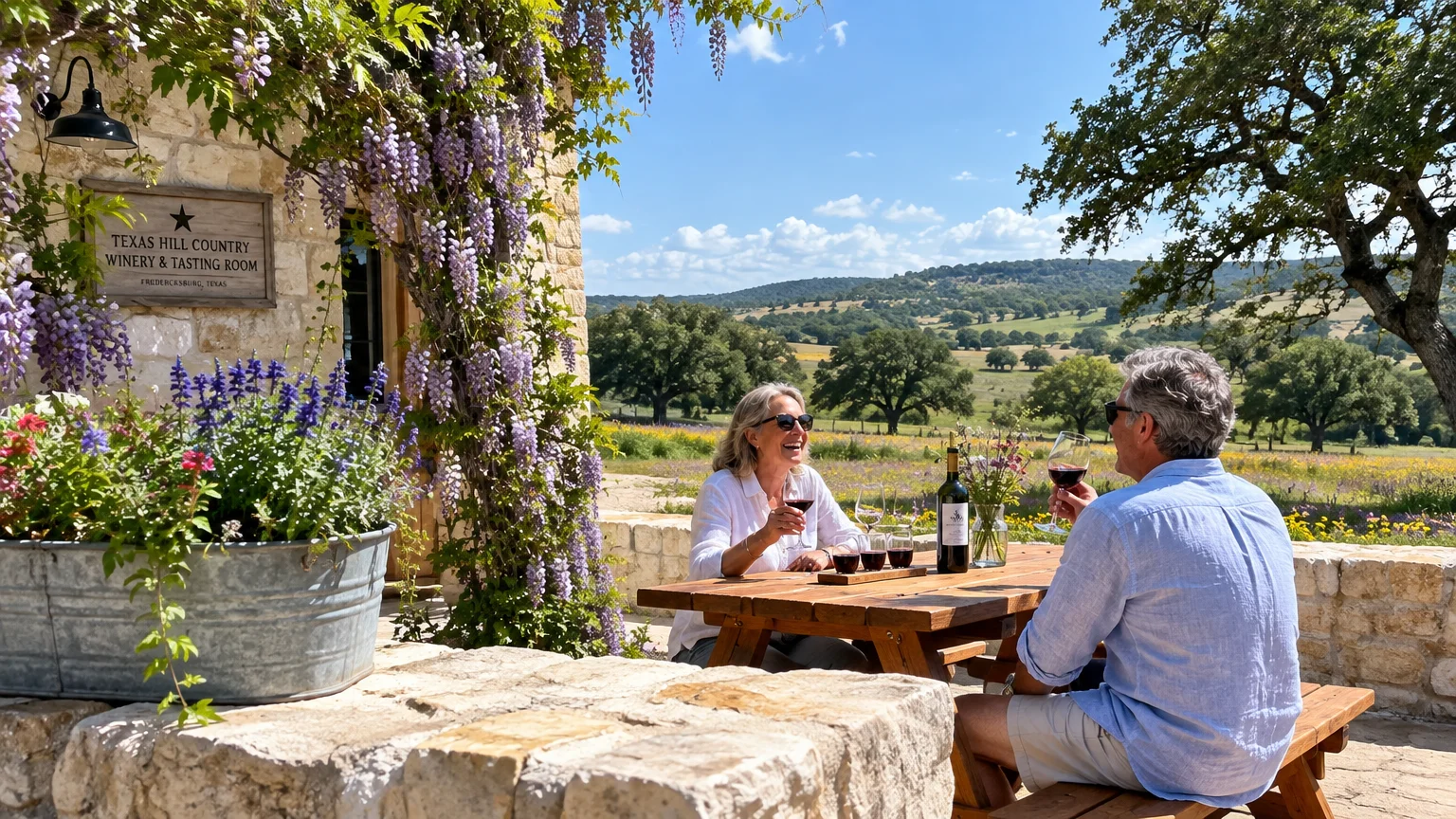 A couple tastes red wine at a wooden patio table outside a stone tasting room overlooking rolling hills and wildflowers.