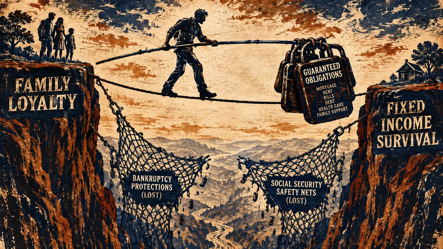 A man walks a tightrope between cliffs labeled Family Loyalty and Fixed Income Survival while carrying heavy locks.