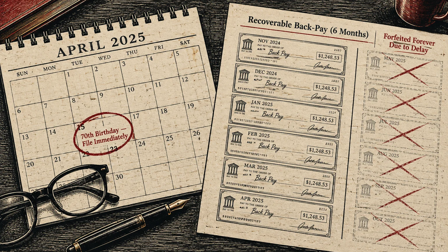 Illustration of an April 2025 calendar beside a chart showing recoverable back-pay checks and forfeited delayed payments.