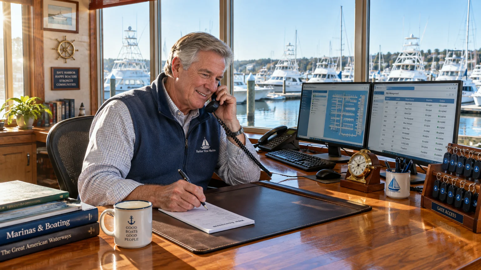 A senior man in a vest sits at a wooden marina office desk talking on a landline phone overlooking docked yachts.