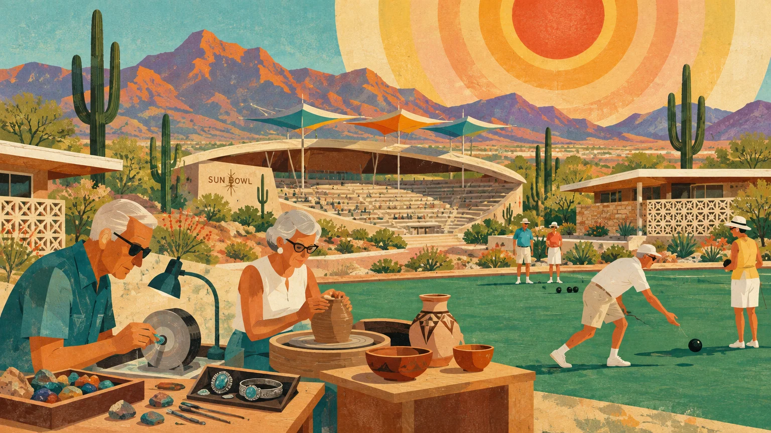 Illustration of retirees doing pottery, lapidary arts, and playing lawn bowling in front of the Sun Bowl Amphitheater.