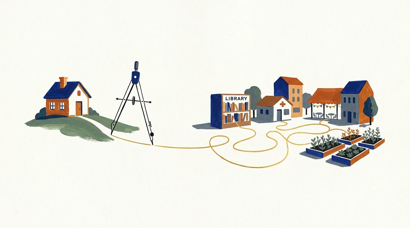 Illustration of a drafting compass drawing a path from a house on a hill to town buildings and garden plots.