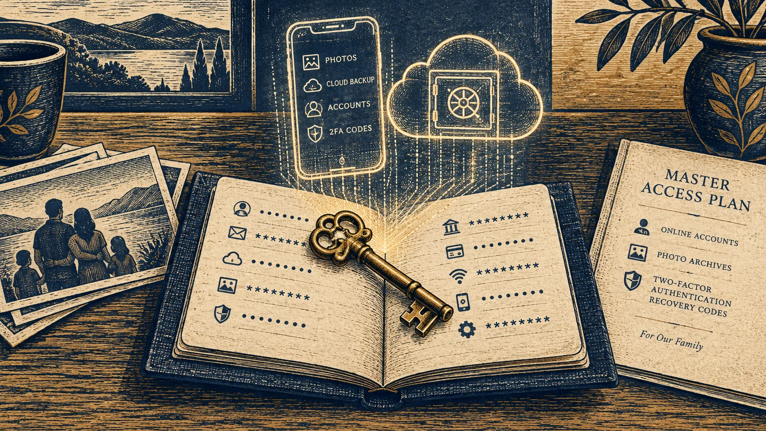 Illustration of an open ledger with account icons and a key, emitting glowing digital icons of a phone and a cloud safe.