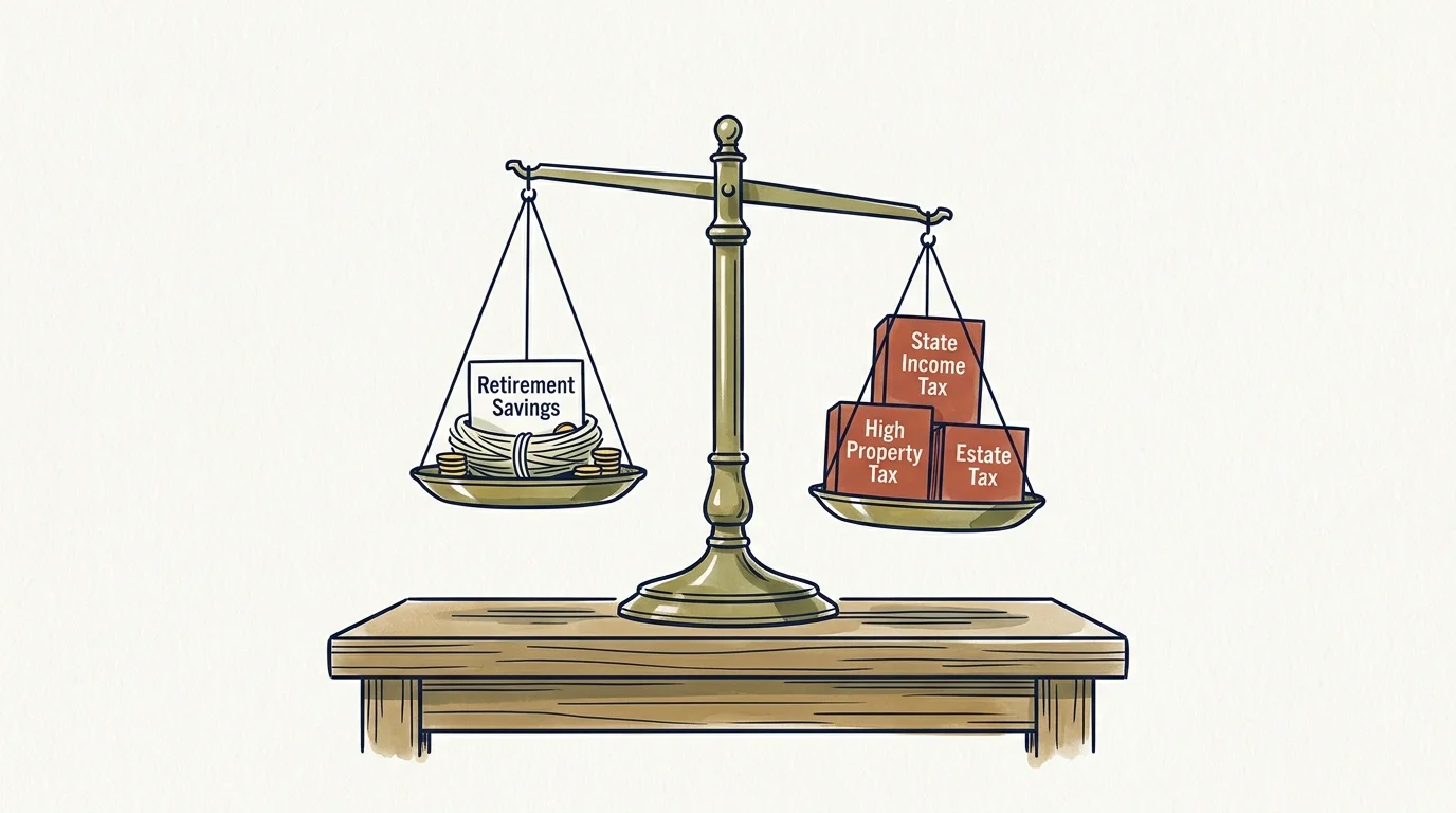 Balance scale with retirement savings on one pan weighed down by boxes labeled state income tax, property tax, and estate tax.