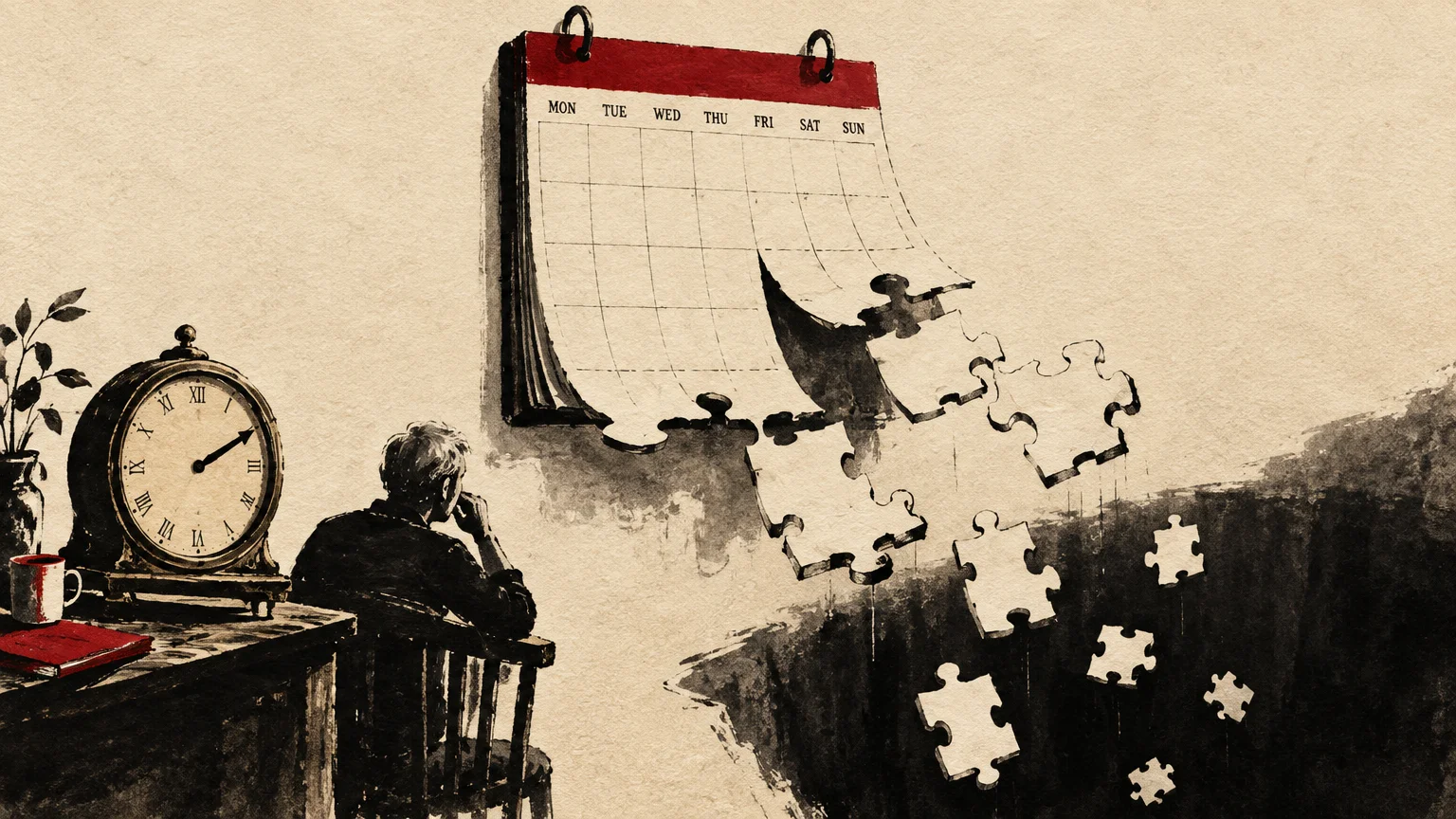 Illustration of a person at a desk watching a wall calendar break apart into falling puzzle pieces over a dark void.