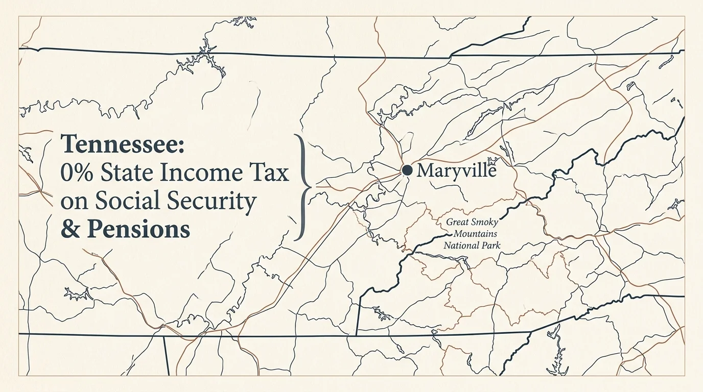 Minimalist map marking Maryville near Great Smoky Mountains National Park, highlighting Tennessee's 0% state income tax.