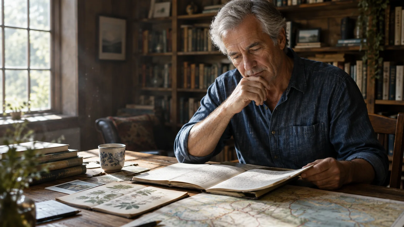 Senior man with grey hair reading an open book at a rustic wooden desk in a sunlit home library.