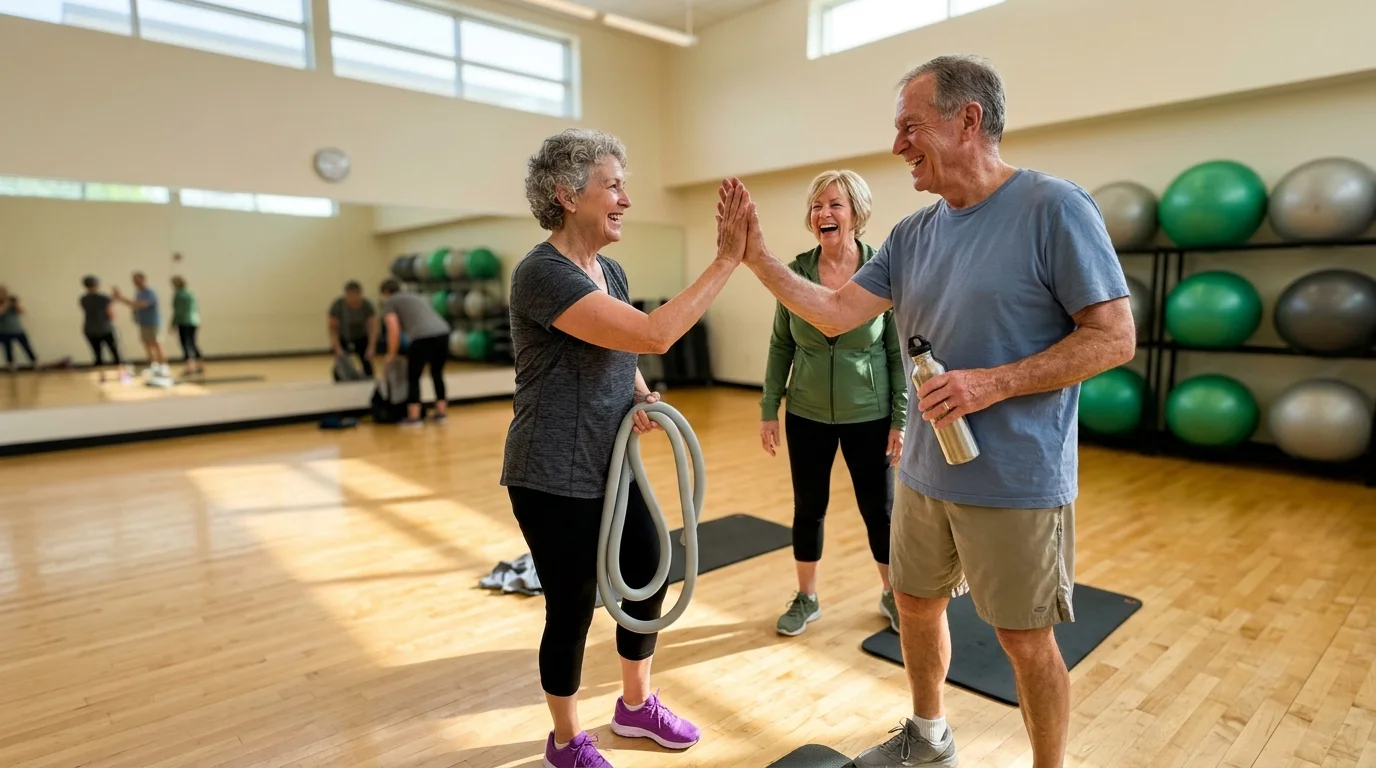 Older adults high-fiving and smiling in a bright fitness studio with exercise mats and stability balls in the background.