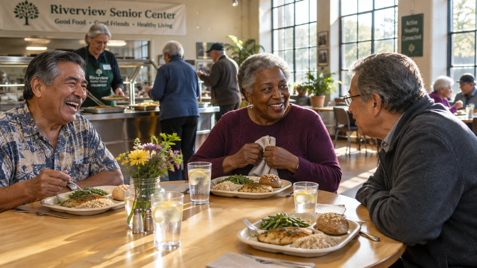 Older adults smiling and talking together around a table while eating lunch at a bright senior center cafeteria.