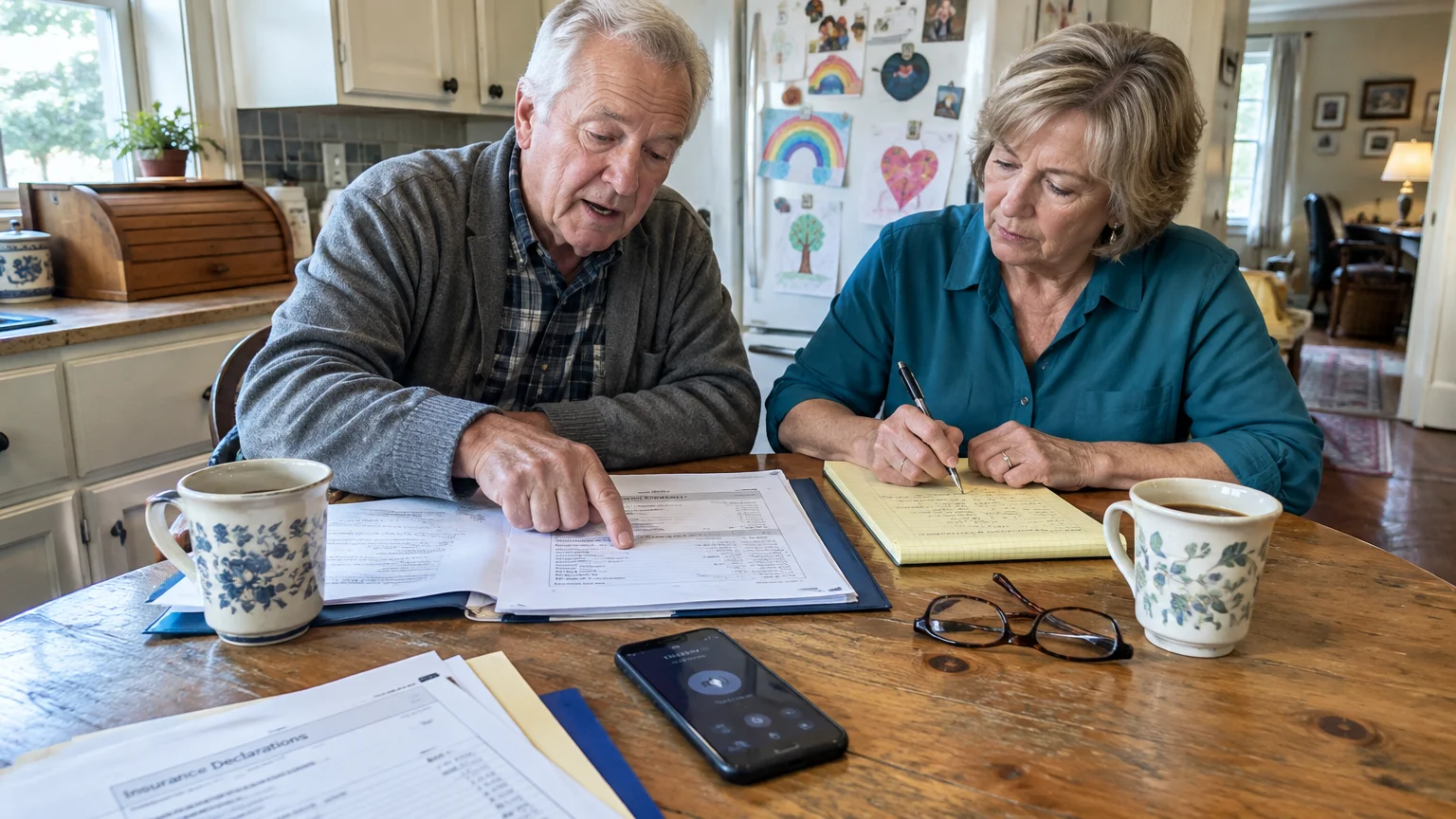 An older couple sits at a kitchen table reviewing insurance paperwork and taking notes beside a smartphone.