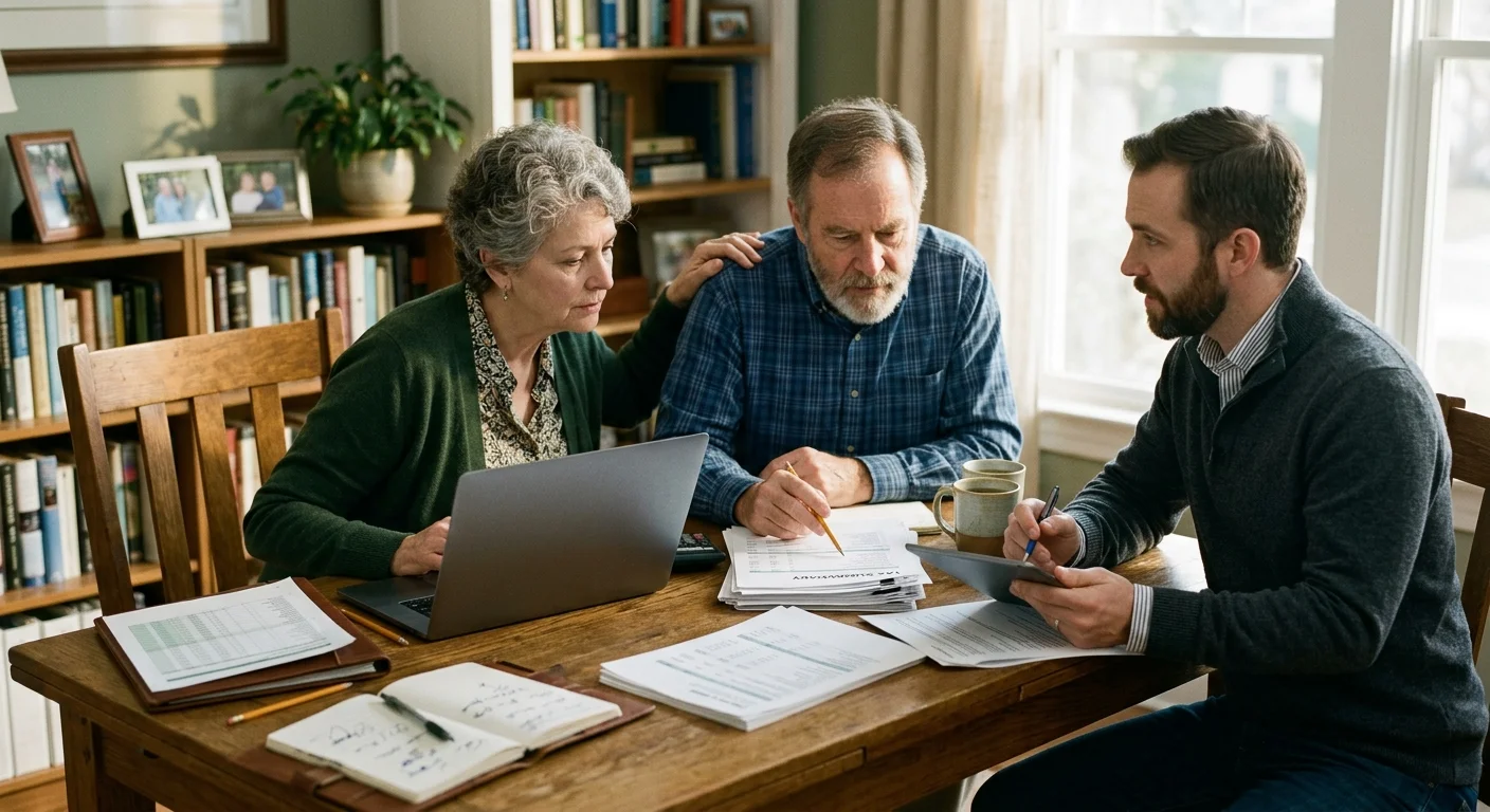 A senior couple sits at a wooden table reviewing documents, a laptop, and a tablet with a professional advisor.