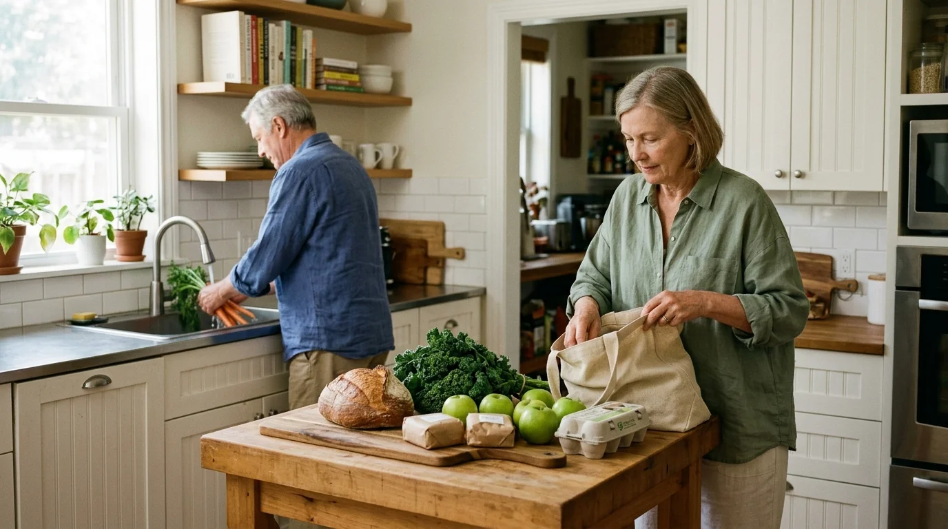 A senior woman unloads fresh groceries onto an island while a man washes carrots at a kitchen sink.