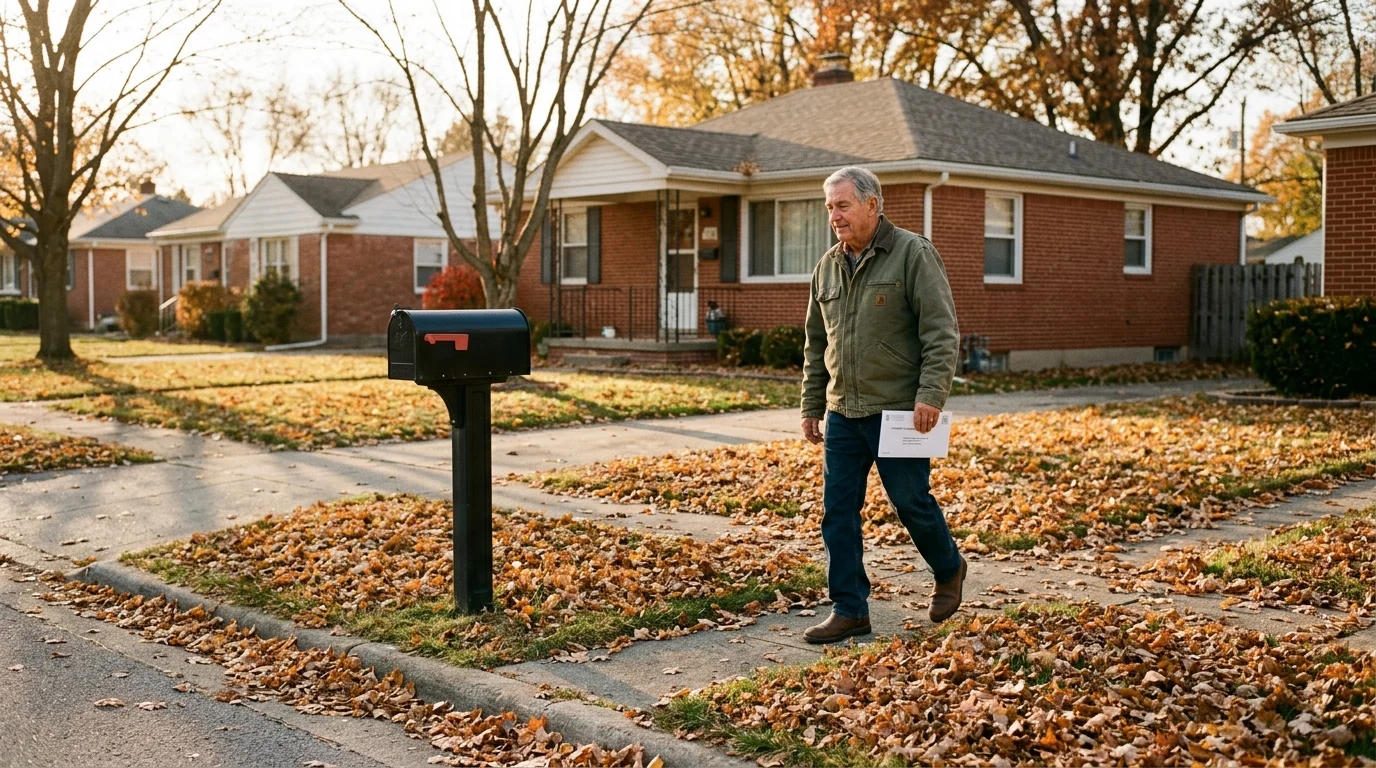 An older man walks along a sidewalk covered in autumn leaves, holding mail outside suburban brick houses.