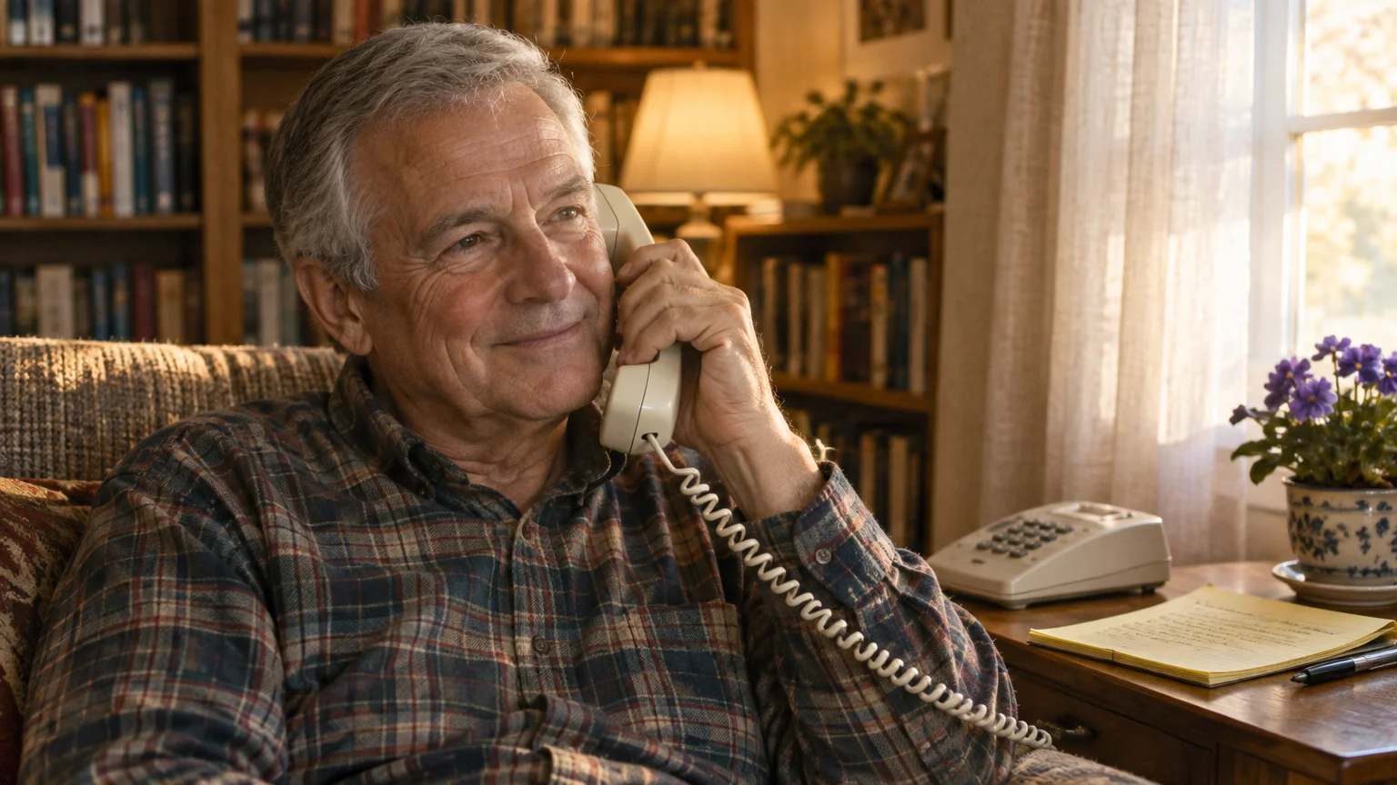 Smiling senior man in a plaid shirt speaking on a corded landline phone in a cozy living room beside a window.