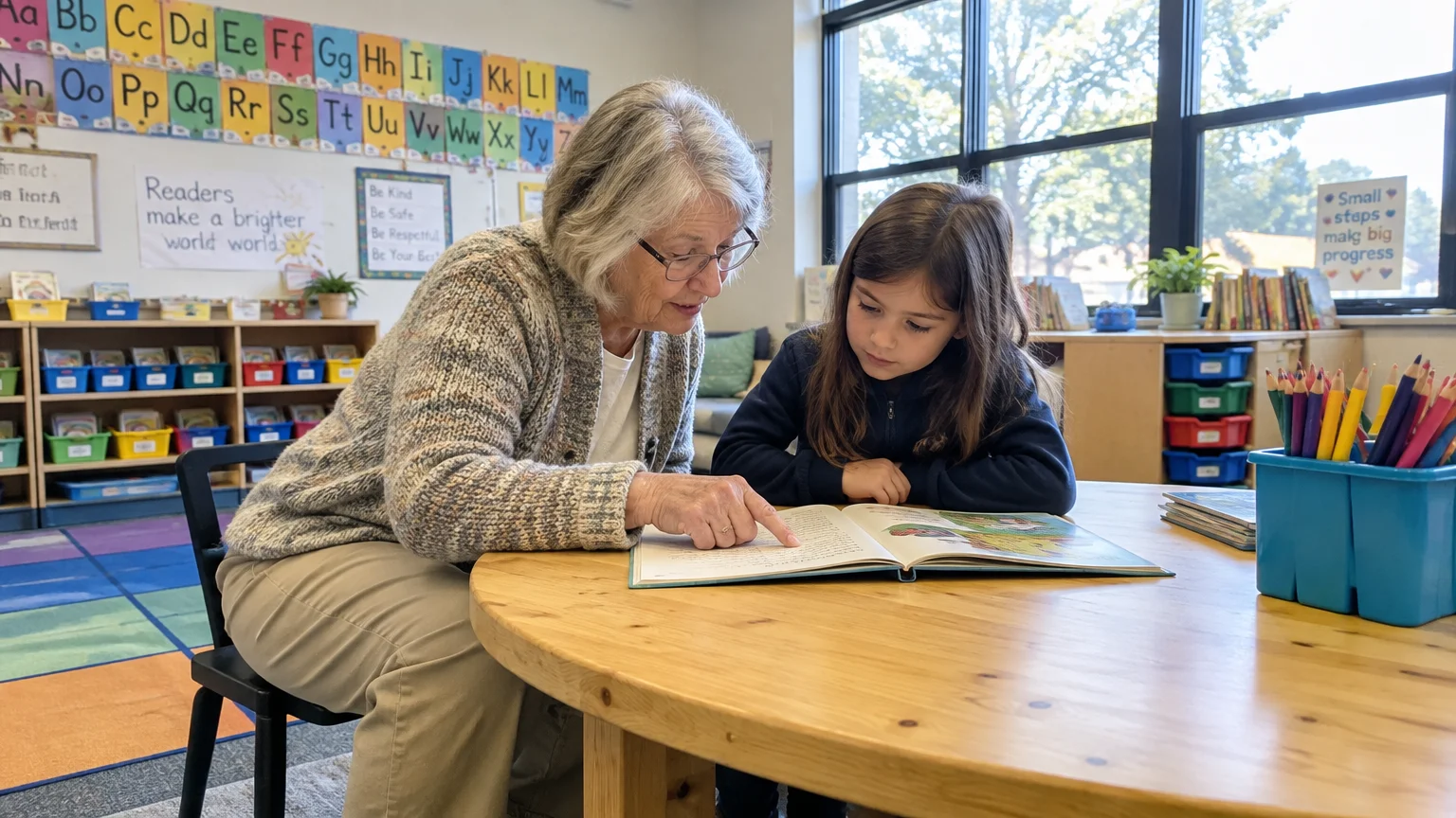 A senior woman wearing glasses reads a book with a young girl at a round wooden table in a brightly lit classroom.
