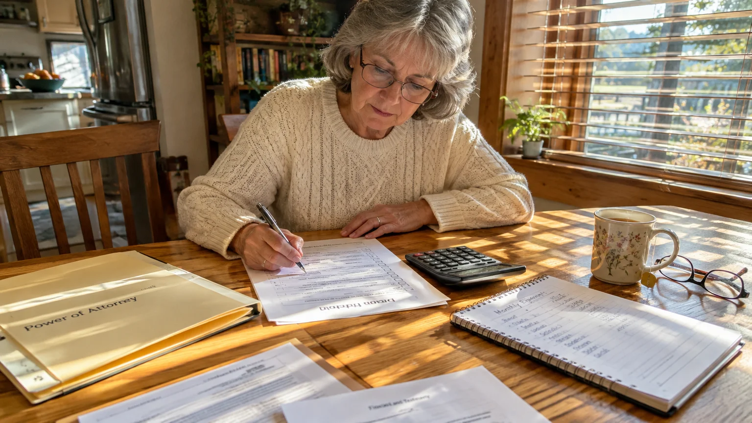 Senior woman filling out paperwork at a wooden table with a calculator, notebook, mug, and Power of Attorney folder.
