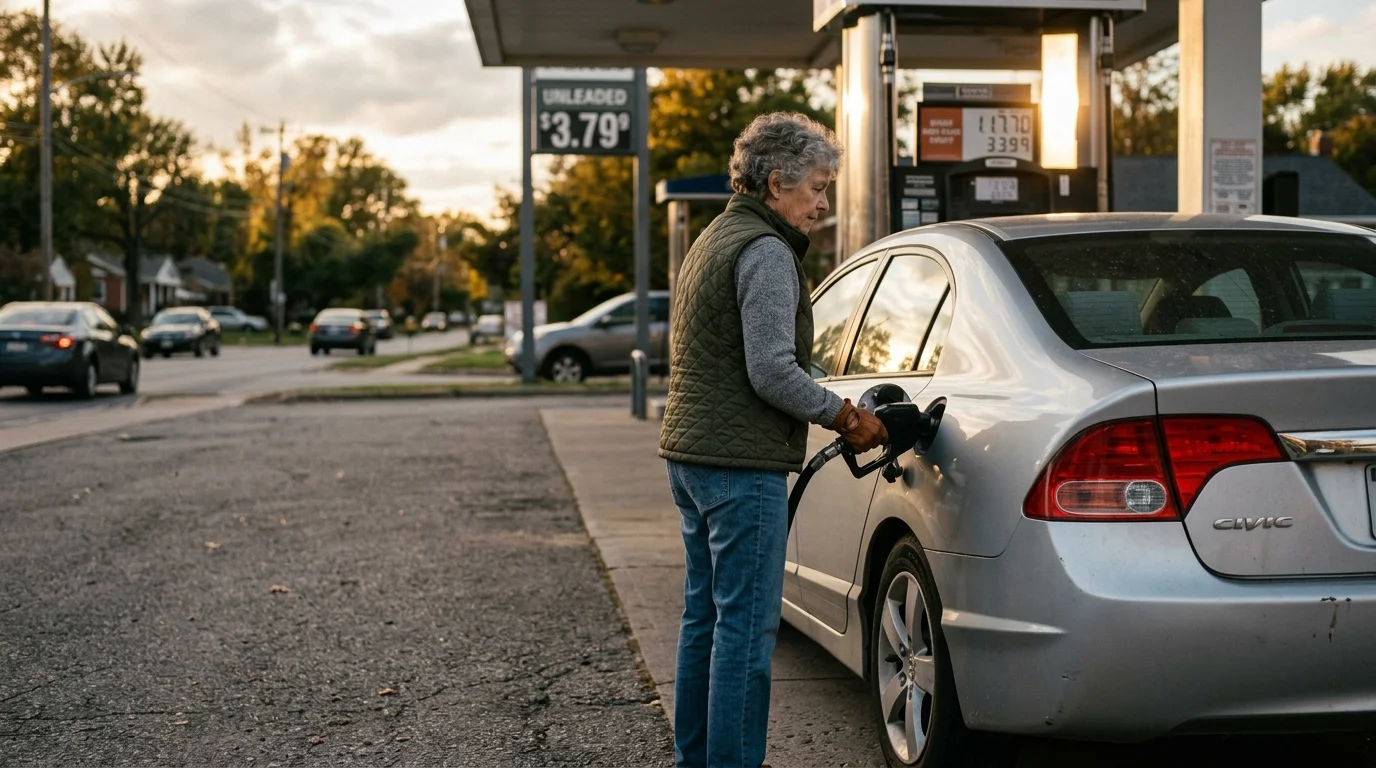 An older woman in a vest pumps gas into a silver sedan at a gas station alongside an empty pump lane.