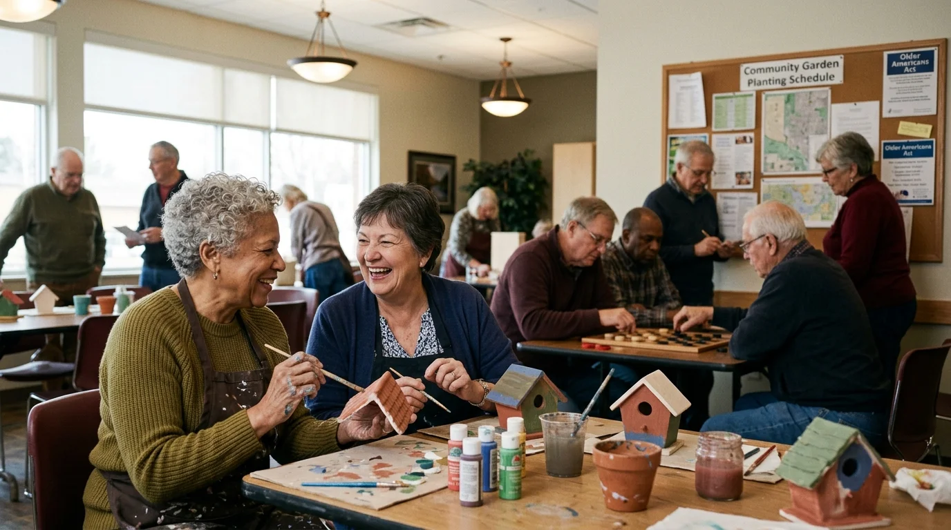 Two senior women laugh while painting wooden birdhouses at a table in a busy community center.