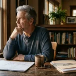 An older man sits thoughtfully at a wooden table looking out a window next to a calendar and retirement planning folders.