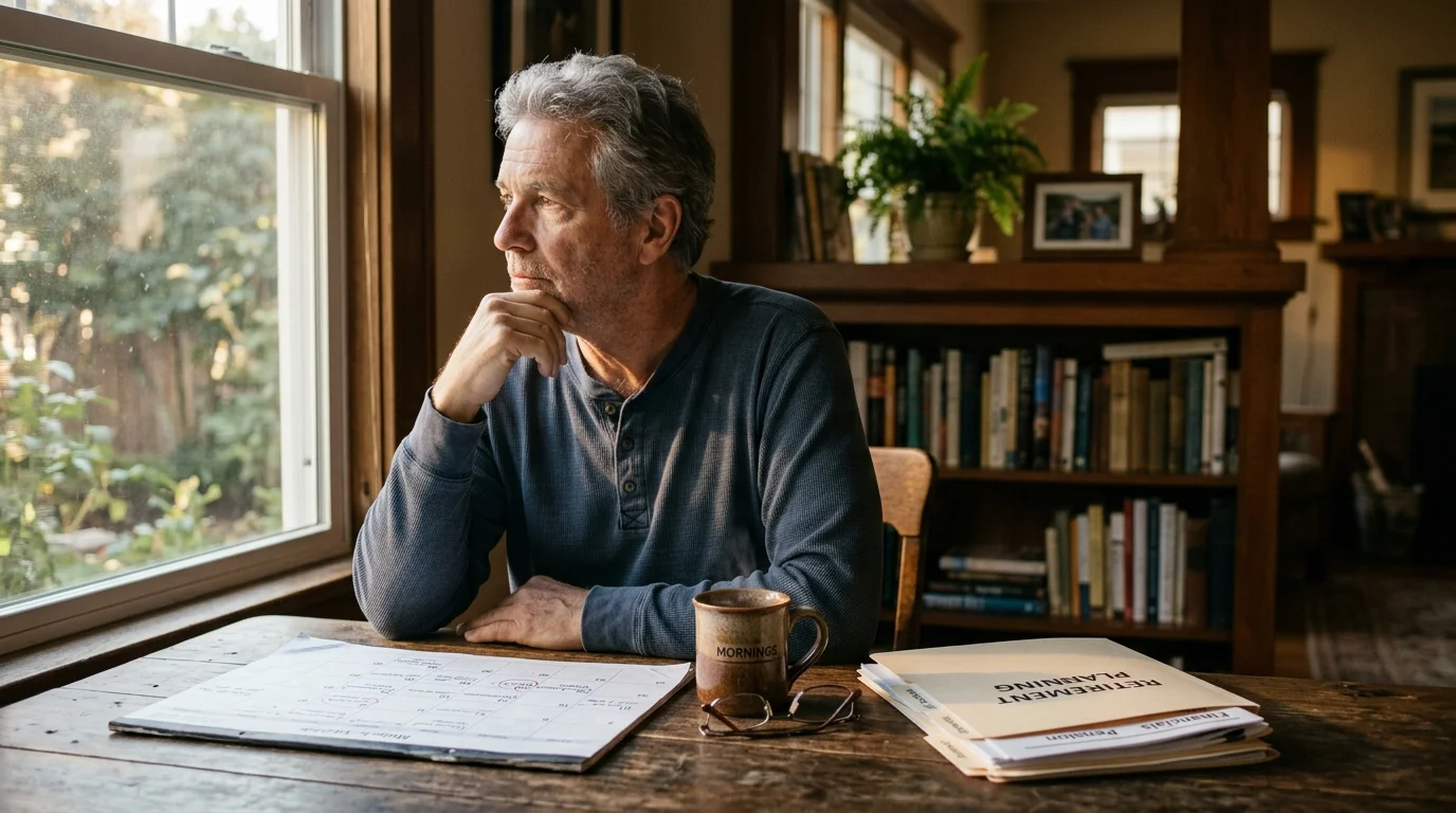 An older man sits thoughtfully at a wooden table looking out a window next to a calendar and retirement planning folders.