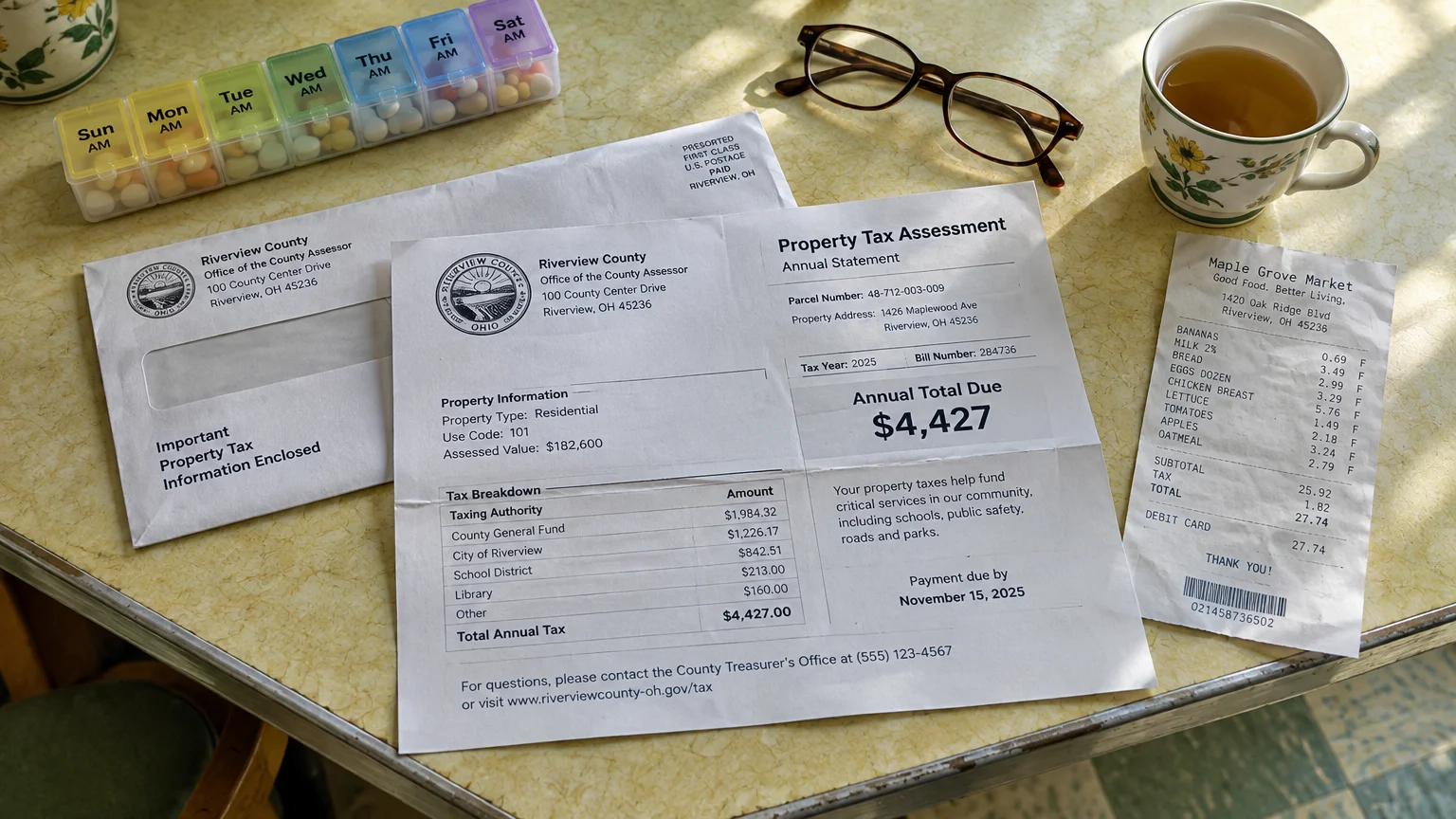 Property tax bill showing $4,427 due, beside a pill organizer, grocery receipt, eyeglasses, and a cup of tea on a table.