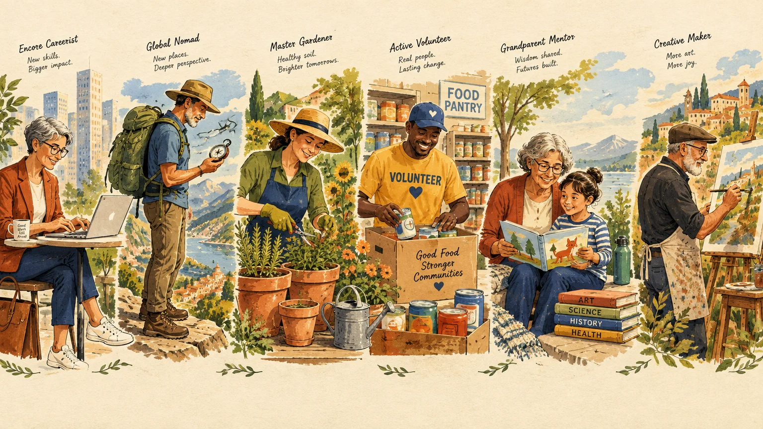 Illustration of six retiree archetypes engaged in working, traveling, gardening, volunteering, reading, and painting.