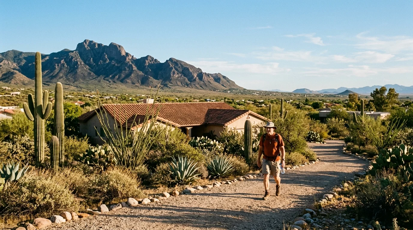 A man walks along a dirt trail past desert cacti and a tile-roof home, with rugged mountains rising in the background.