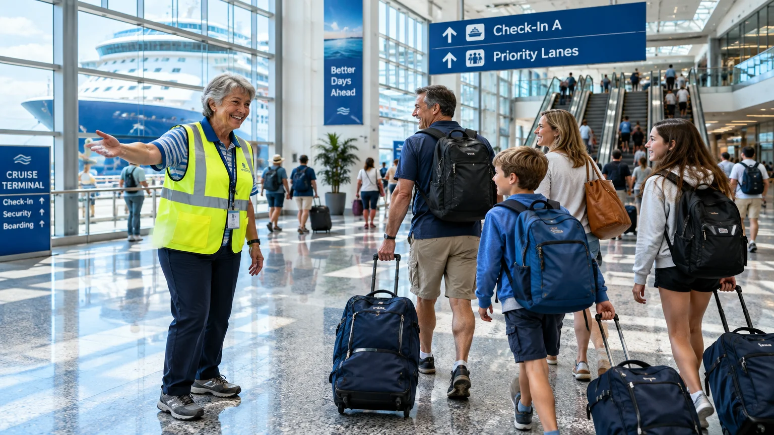 A smiling woman in a high-visibility yellow vest gestures toward a family pulling luggage inside a bright cruise terminal.