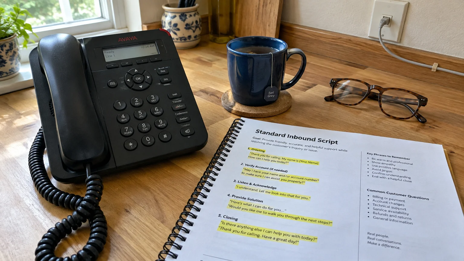 Black desk phone, spiral-bound inbound call script, eyeglasses, and a blue mug of tea on a wooden desk.