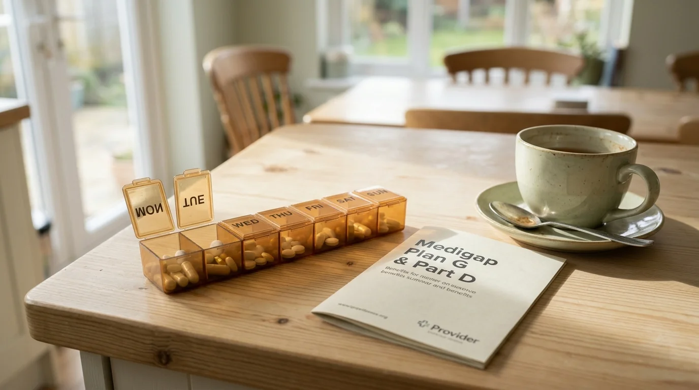 A weekly pill organizer, a cup of coffee, and a Medigap Plan G & Part D booklet resting on a wooden table.