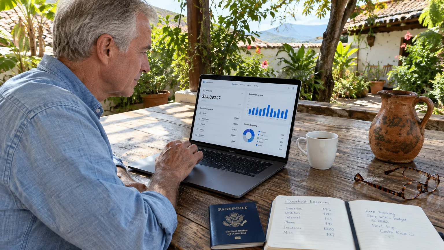 Senior man sitting at an outdoor wooden table looking at a banking dashboard on a laptop with a U.S. passport nearby.