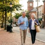 A smiling senior couple walks down a brick sidewalk along a small-town main street lined with historic shops.