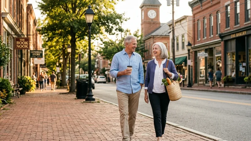 A smiling senior couple walks down a brick sidewalk along a small-town main street lined with historic shops.