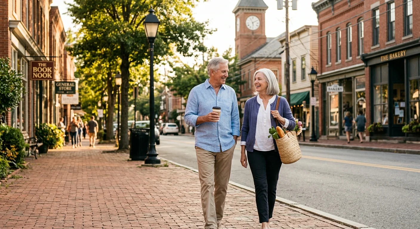 A smiling senior couple walks down a brick sidewalk along a small-town main street lined with historic shops.