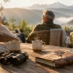 Binoculars, steaming mugs, and a journal on a wooden table, with an older couple seated facing misty mountains.