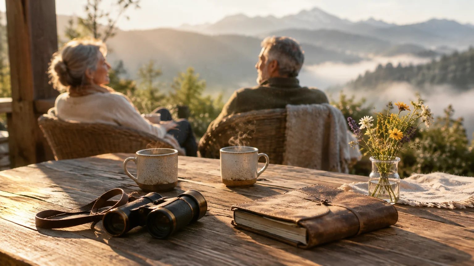 Binoculars, steaming mugs, and a journal on a wooden table, with an older couple seated facing misty mountains.