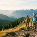 Older man and woman hiking along a scenic mountain ridge trail overlooking pine forests and misty alpine peaks.