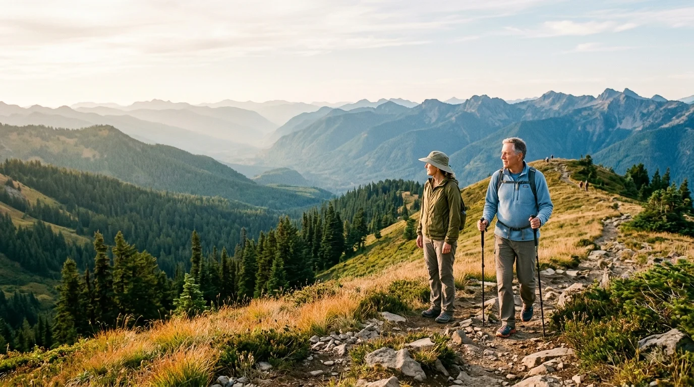 Older man and woman hiking along a scenic mountain ridge trail overlooking pine forests and misty alpine peaks.