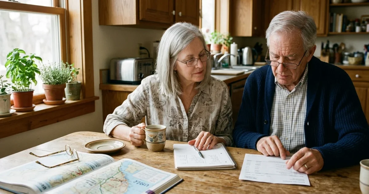 Older couple sitting at a kitchen table reviewing bills and notes next to an open atlas.