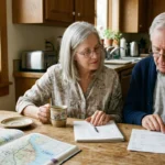 Older couple sitting at a kitchen table reviewing bills and notes next to an open atlas.