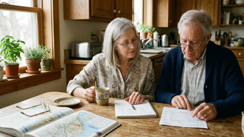 Older couple sitting at a kitchen table reviewing bills and notes next to an open atlas.